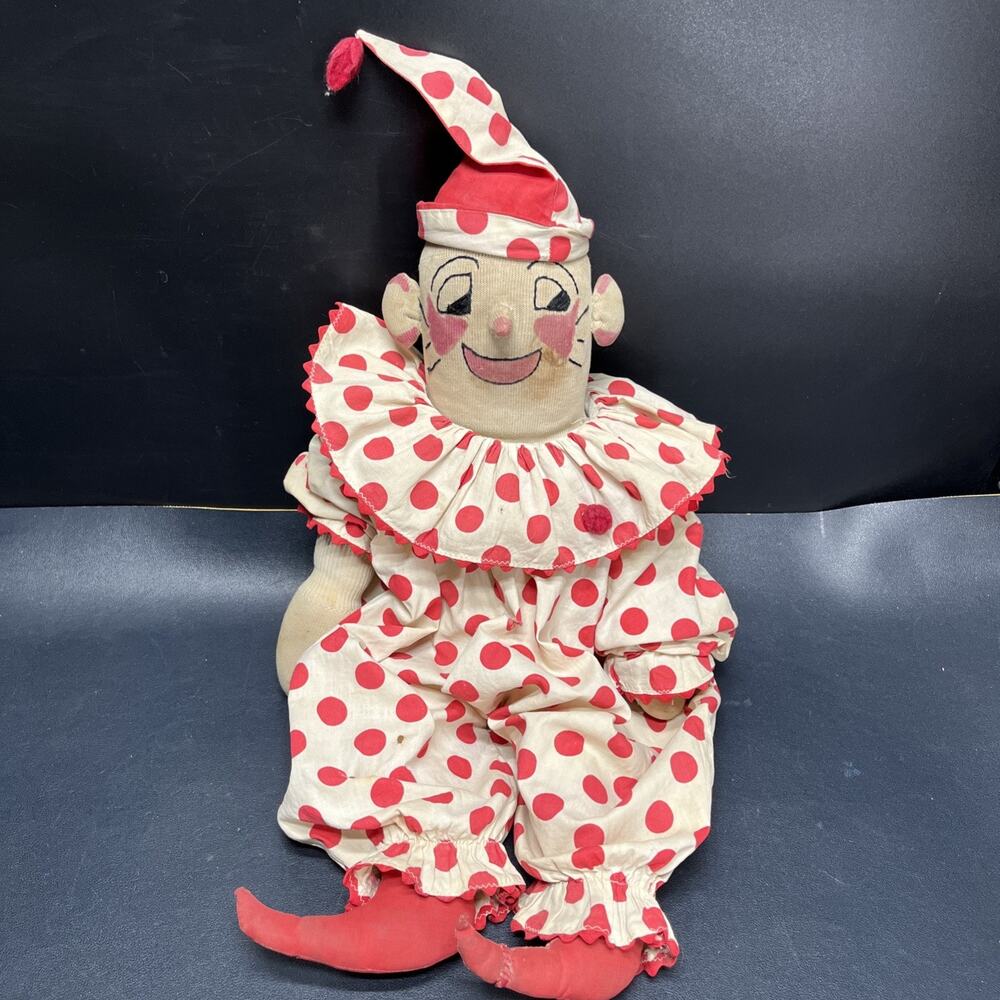 Vintage J.C. Penney stuffed cloth Sock Clown Doll, Hand Dyed Face.